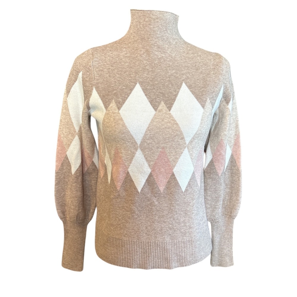 Rachel Zoe Tan & Pink Argyle Mock Neck Balloon Sleeve Sweater, Medium, Cottage
